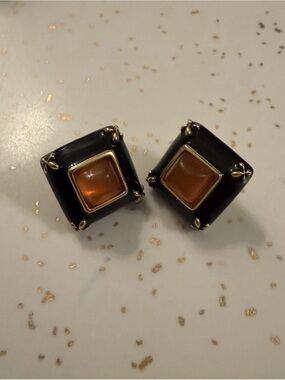 Vintage Joan Rivers Black Diamond Shape Stud Earrings with Amber/Topaz Centers